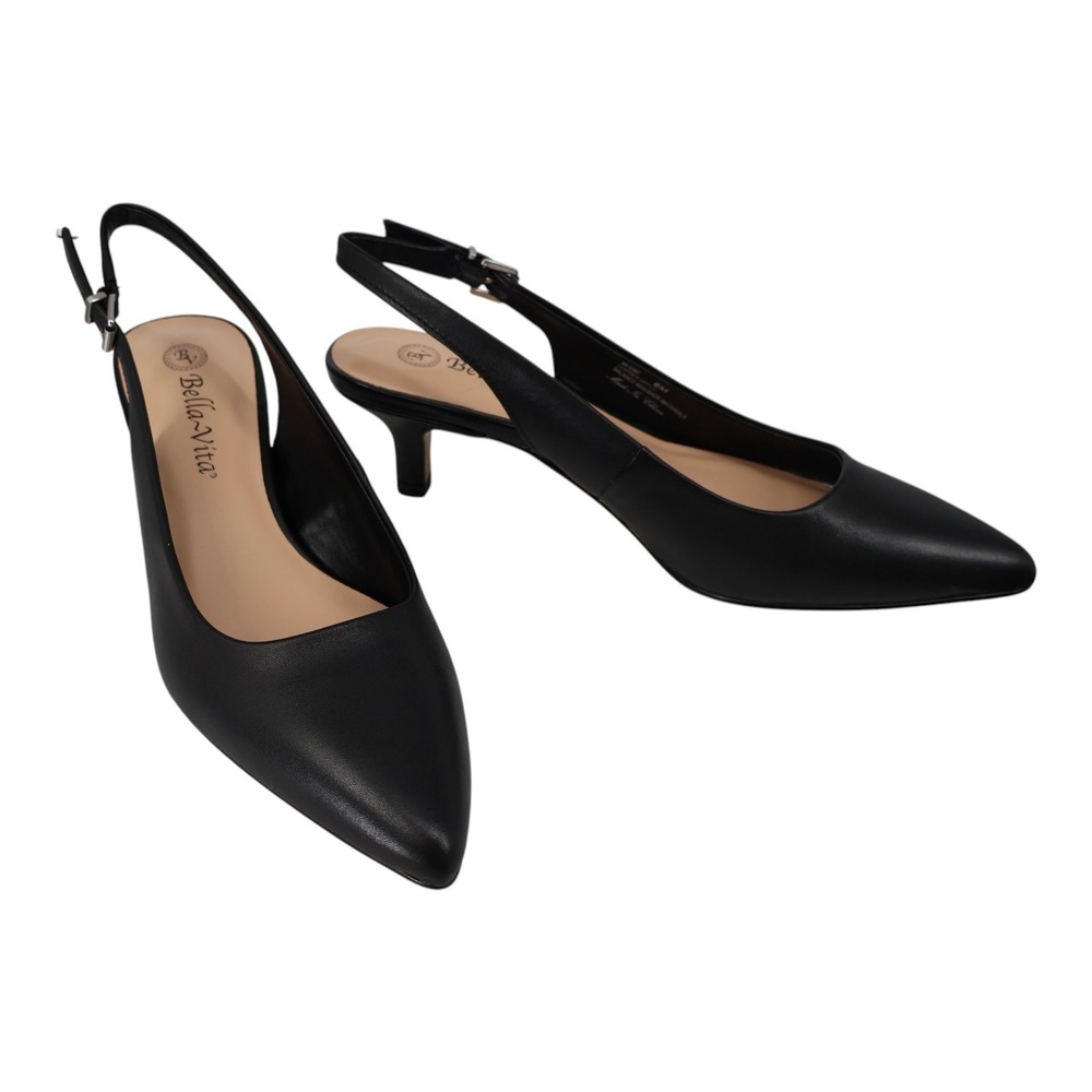 Bella Vita Scarlett Black Leather Pointed Toe Slingback Kitten Heel Pumps 8 NIB